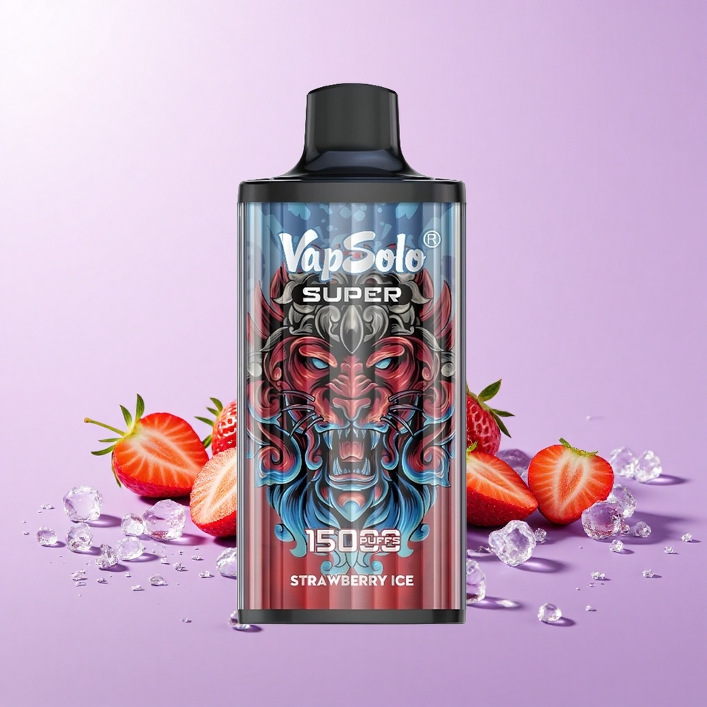 Vapsolo Super 15000 Puff 40ml E-Cairan 20mg/ml 50mg/ml 850mah Strawberi Ais Type-C Mesh Coil