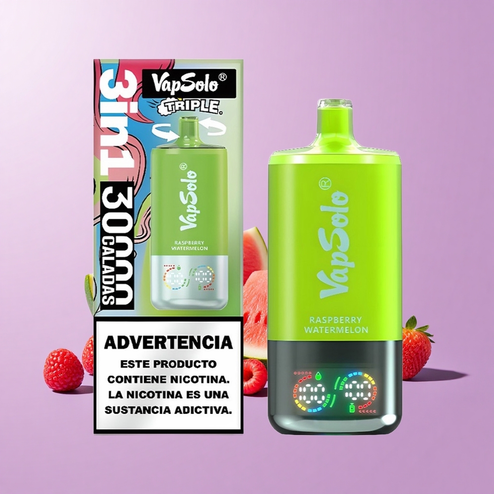 VapSolo Triple 30000 Hisap Raspberry Tembikai 40ml Minyak 3 Tangki Type-C