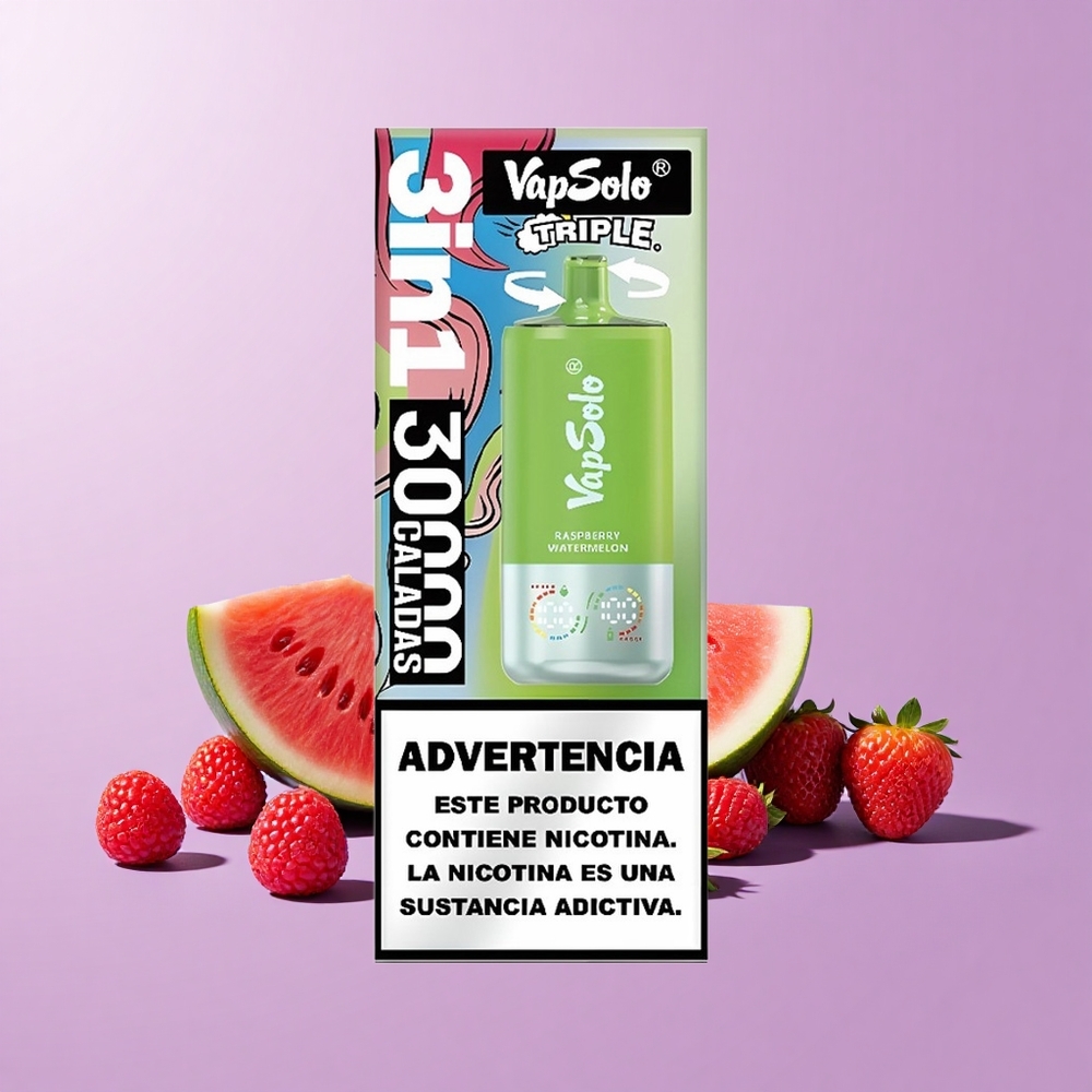 VapSolo Triple 30000 Hisap Raspberry Tembikai 40ml Minyak 3 Tangki Type-C
