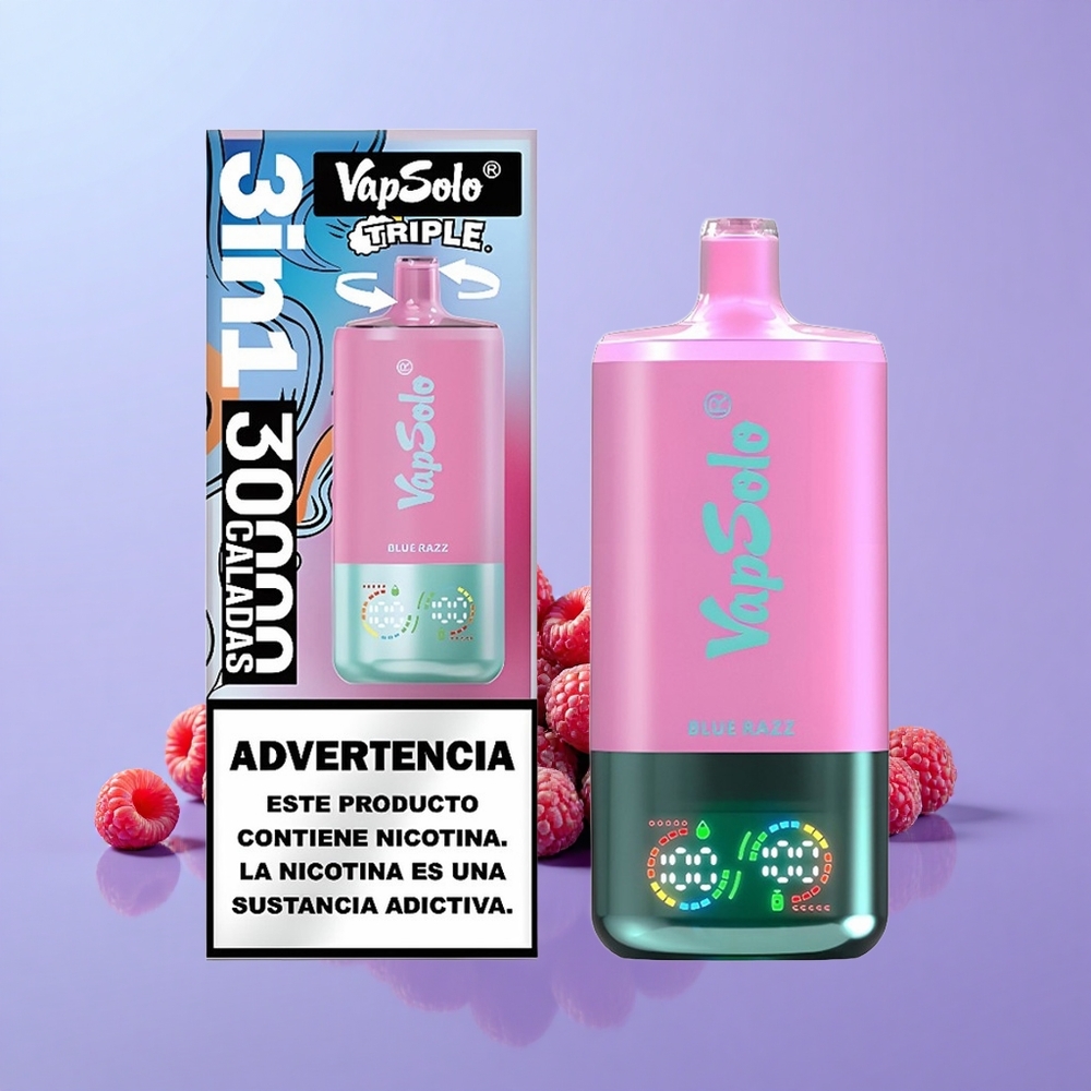 VapSolo Triple 30000 Puff 3 Tangki E-Cecair 40ml 20/50 mg/ml Jenis-C Blue Razz (Biru Razz)