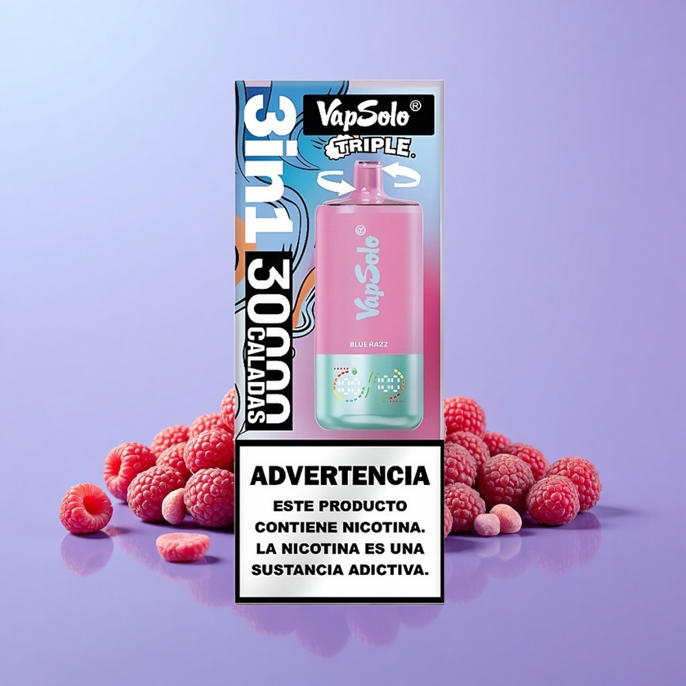 VapSolo Triple 30000 Puff 3 Tangki E-Cecair 40ml 20/50 mg/ml Jenis-C Blue Razz (Biru Razz)