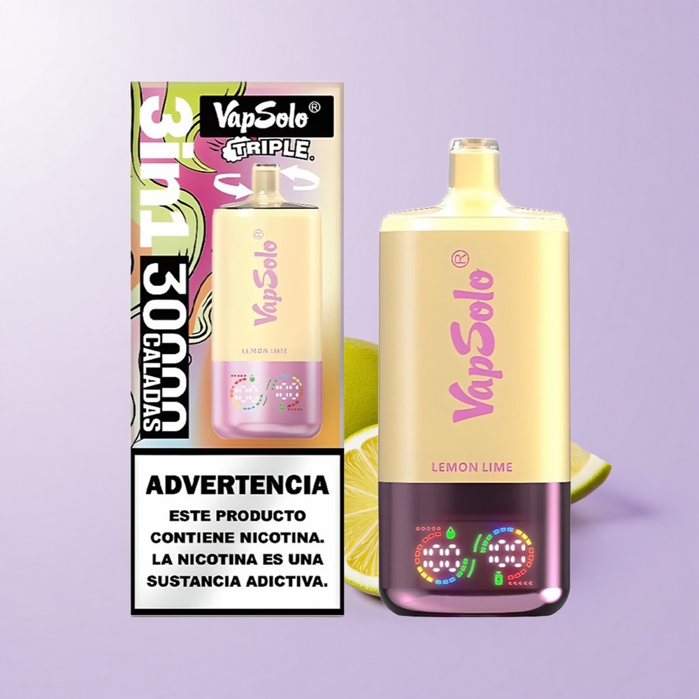 VapSolo Triple 30000 Puff 40ml 3 Tangki E-Cairan Lemon Limau Type-C 20mg/ml 50mg/ml