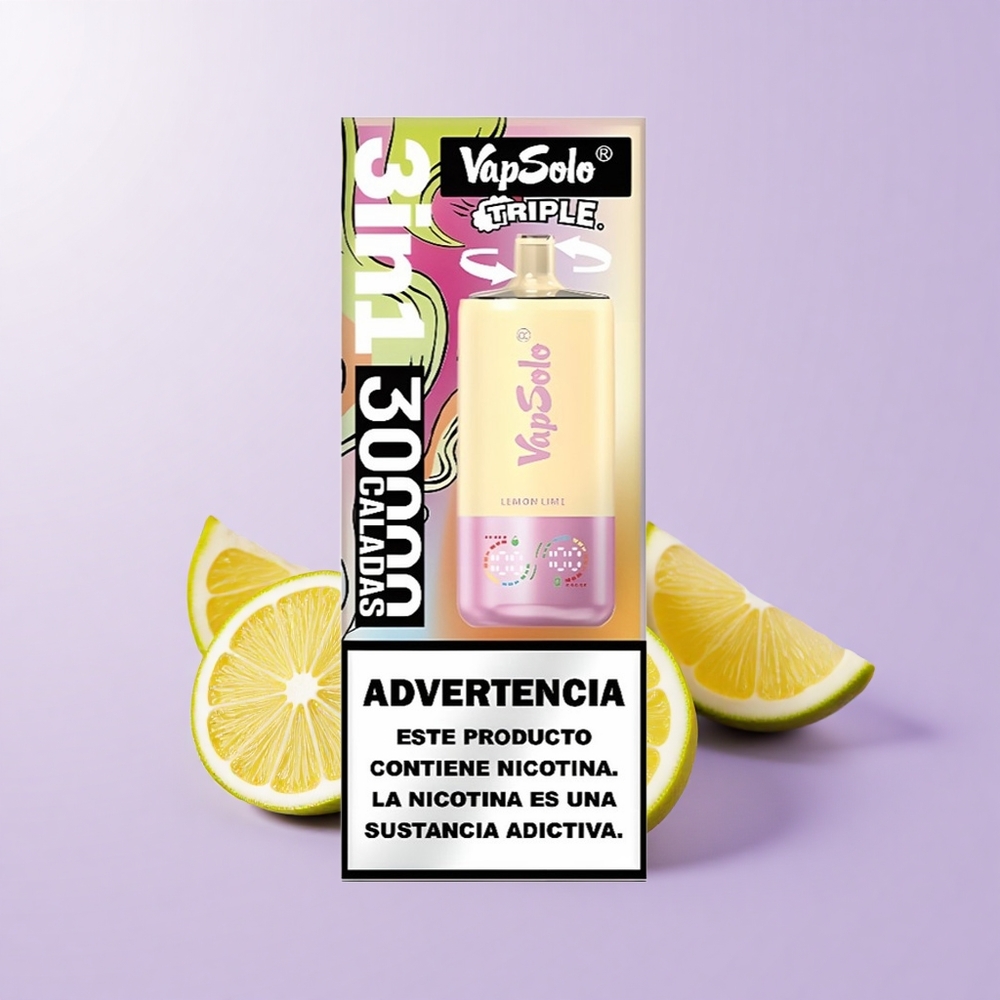 VapSolo Triple 30000 Puff 40ml 3 Tangki E-Cairan Lemon Limau Type-C 20mg/ml 50mg/ml