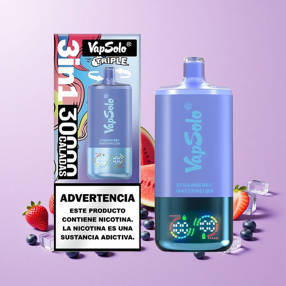 VapSolo Triple 30000 Puff 40ml 3 Tangki Jenis-C Strawberi Tembikai & Bluberi Ais