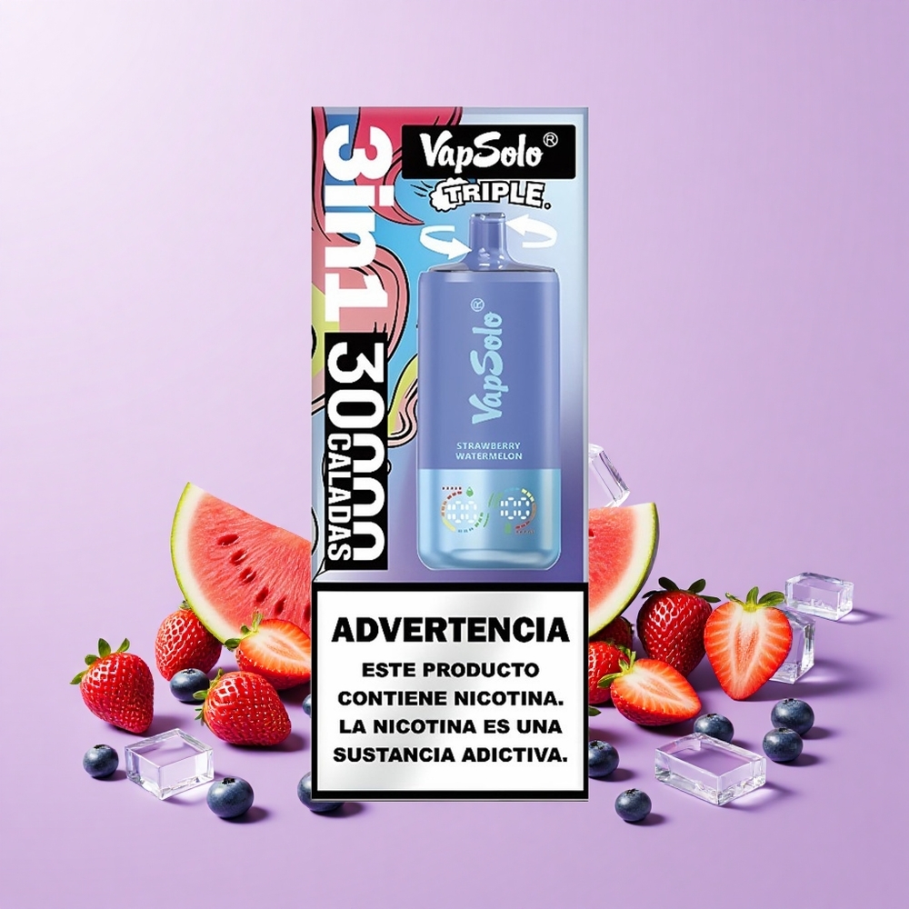 VapSolo Triple 30000 Puff 40ml 3 Tangki Jenis-C Strawberi Tembikai & Bluberi Ais
