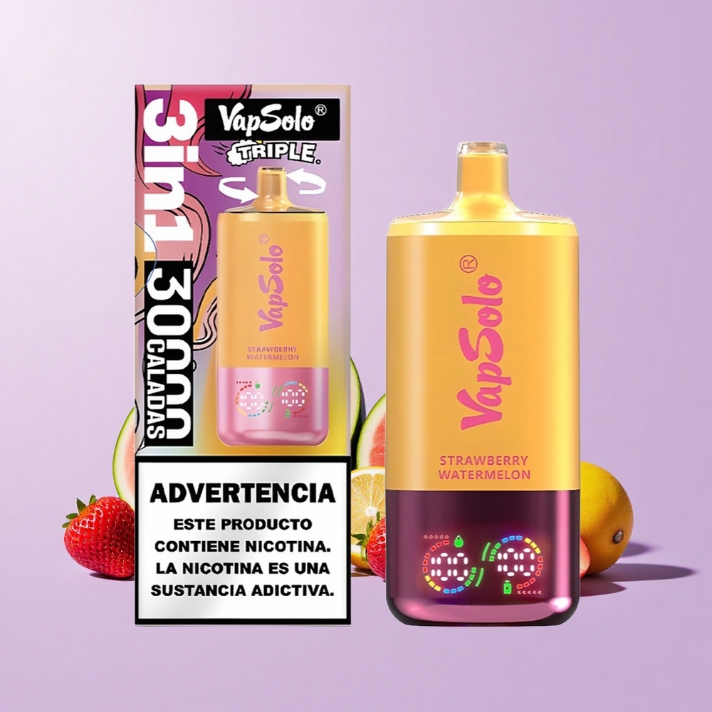 VapSolo Triple 30000 Puff Vape Sekali Pakai Strawberi Tembikai & Lemon Peach Cecair Elektronik: 40ml