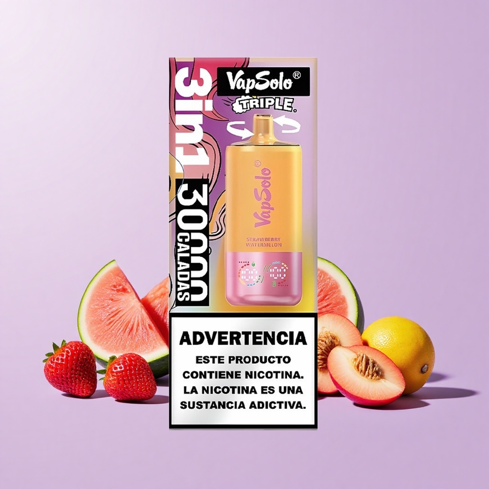 VapSolo Triple 30000 Puff Vape Sekali Pakai Strawberi Tembikai & Lemon Peach Cecair Elektronik: 40ml