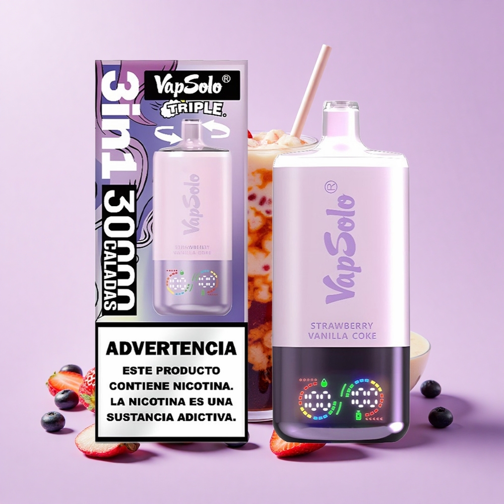 Vapsolo Triple 30000 Puff 40ml 3 Tangki E-Cecair Strawberry Vanilla Coke 20mg/ml 50mg/ml USB-C