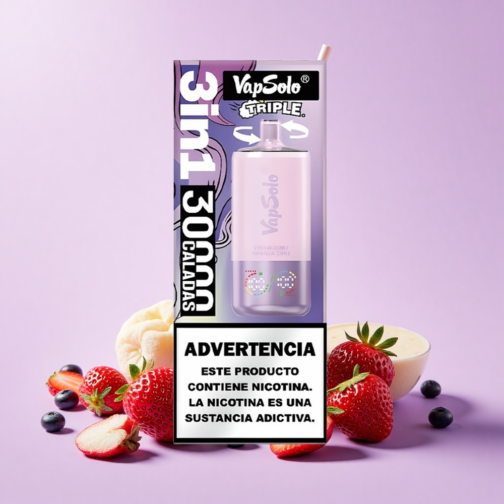 Vapsolo Triple 30000 Puff 40ml 3 Tangki E-Cecair Strawberry Vanilla Coke 20mg/ml 50mg/ml USB-C