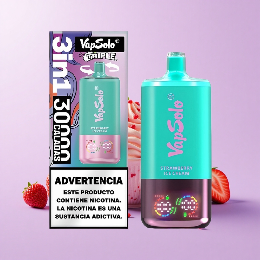 Vapsolo Triple 30000 Sedutan Vape Ais Krim Strawberry 40ml E-Cecair 20mg/ml 50mg/ml 3 Tangki Minyak Type-C