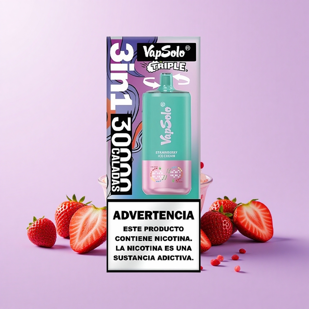 Vapsolo Triple 30000 Sedutan Vape Ais Krim Strawberry 40ml E-Cecair 20mg/ml 50mg/ml 3 Tangki Minyak Type-C