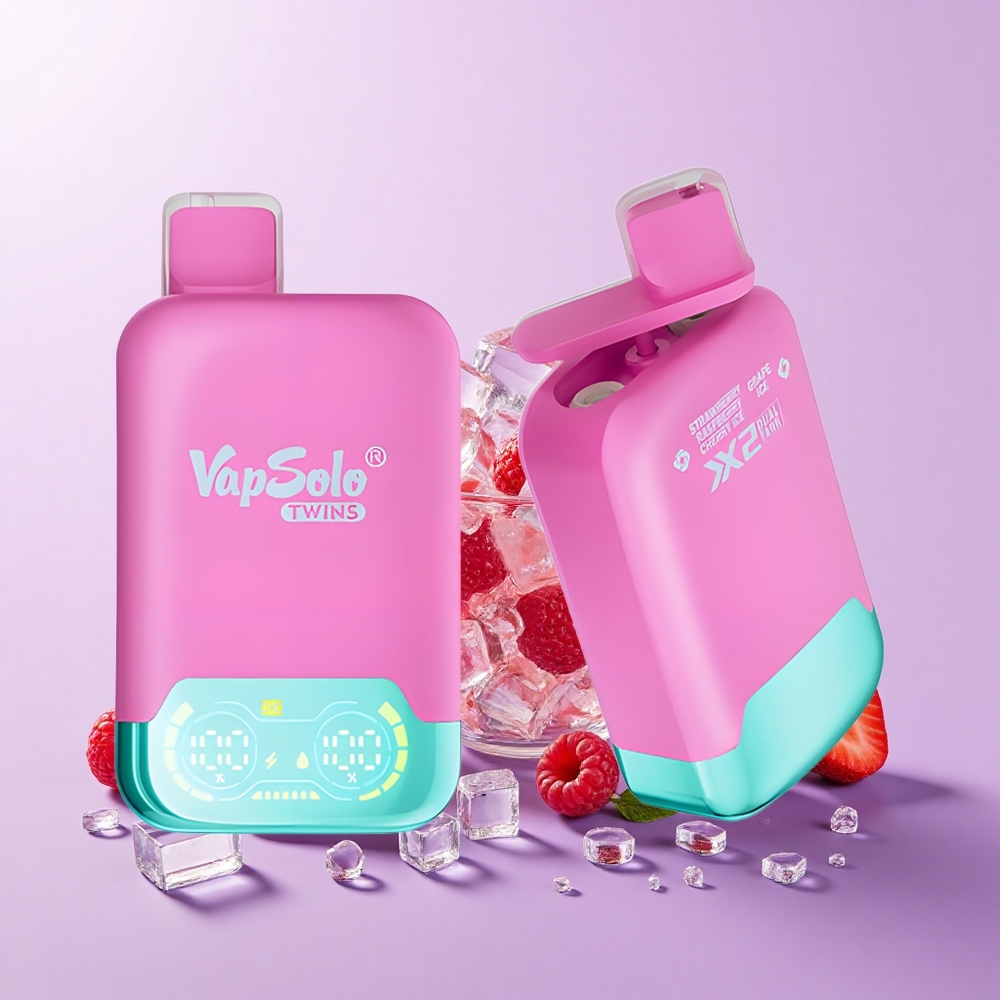 Vapsolo Twins 20000 Puff Bekas Ais Strawberry Raspberry Ceri & Anggur Ais 40ml E-Cecair 2 Tangki Minyak Port Type-C 20mg/ml 50mg/ml