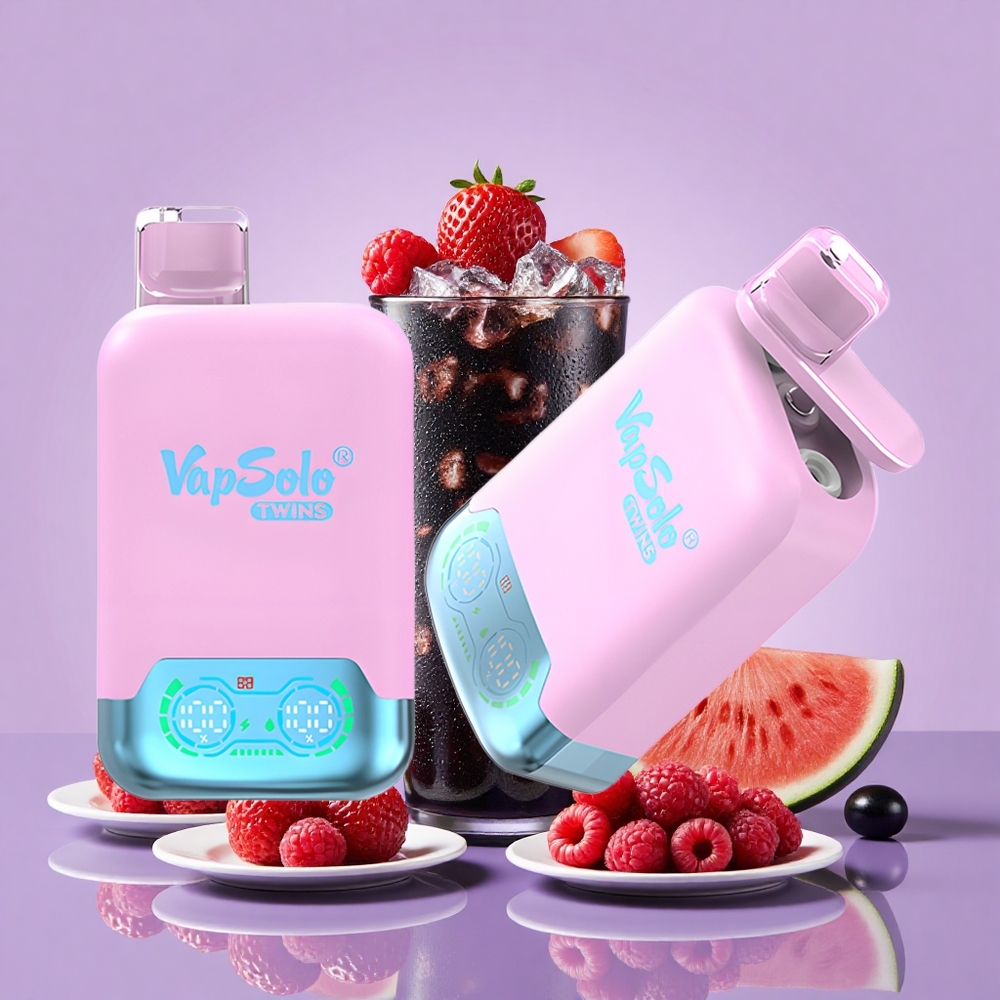 Vapsolo Twins 20000 Puff Hitam Ais Naga Buah Strawberi & Raspberi Tembikai Saiz Kotak: 51 x 29 x 94.9 mm