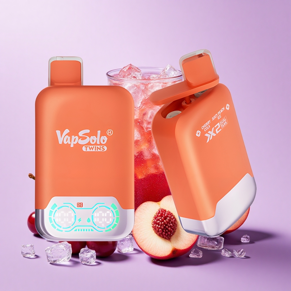 Vapsolo Twins 20000 Puff Vape Sekali Pakai Ceri Cola & Peach Ais Berair 40ml E-Cecair 2 Tangki Minyak Port Type-C