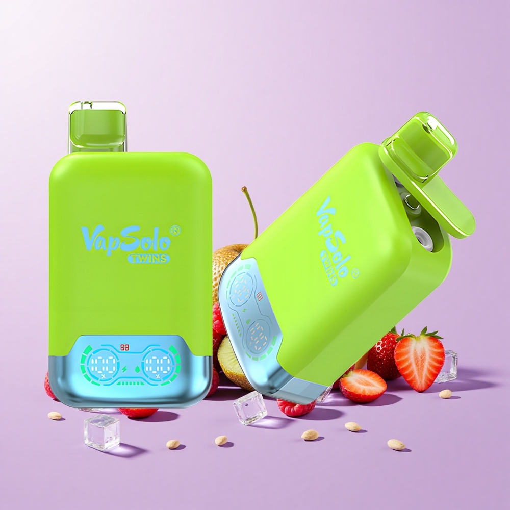 Vapsolo Twins 20000 Puff Vape Sekali Pakai Strawberi Kiwi & Strawberi Raspberry Ceri Ais 40ml 20mg/ml 50mg/ml 2 Tangki Minyak Type-C