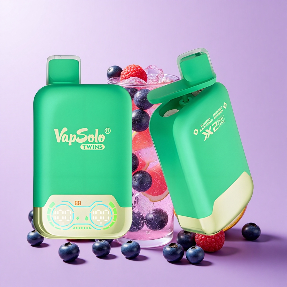 Vapsolo Twins 20000 Puffs Vape Sekali Pakai Bilberi Blackcurrant & Limau Gedang Refresher, Kekuatan Nikotin: 20mg/ml, 50mg/ml