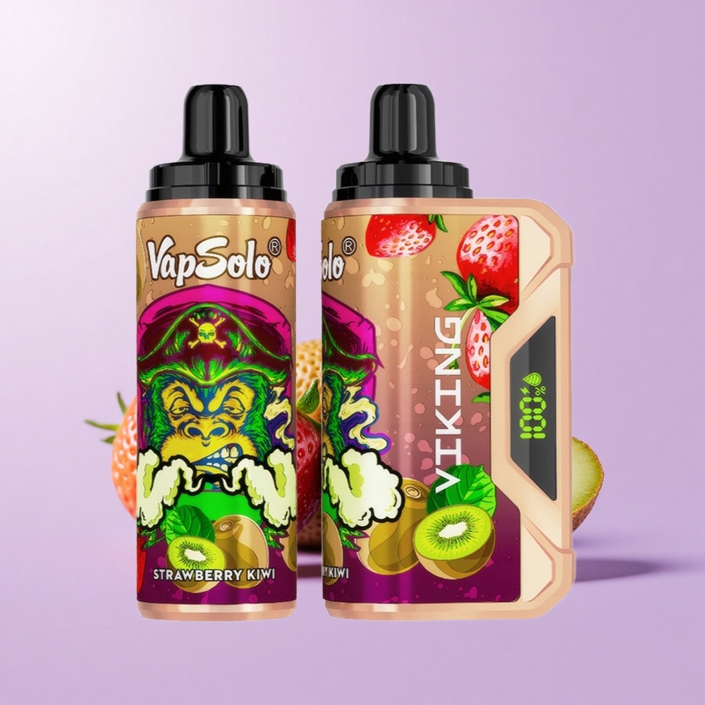 VapSolo VIKING 12000 Hisap Vape Pakai Buang Strawberry Kiwi Saiz Kartun:44×28×92.6mm Cecair E:22ml Kekuatan Nikotin:20 mg/ml & 50 mg/ml