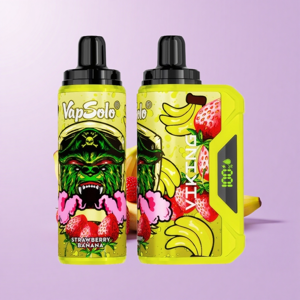 VapSolo VIKING 12000 Puff Vape Pakai Buang Strawberry Pisang 22ml 20/50mg/ml Type-C LED Paparan