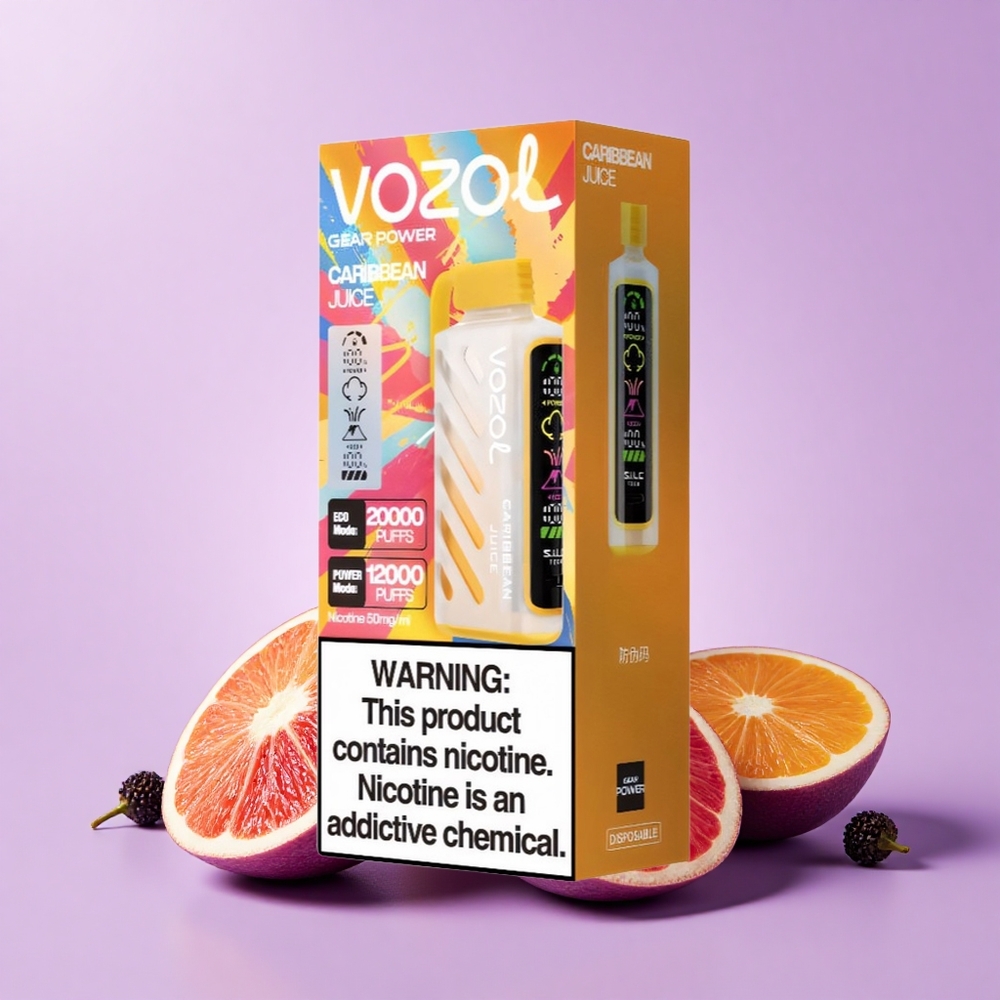 VOZOL Gear Power 20000 Puff Perisa Jus Caribbean Teknologi S.i.L.C. Mod ECO 20000 Puff Mod POWER 12000 Puff Gegelung Dual Mesh Paparan Skrin Penuh 20mL 5%(50mg)