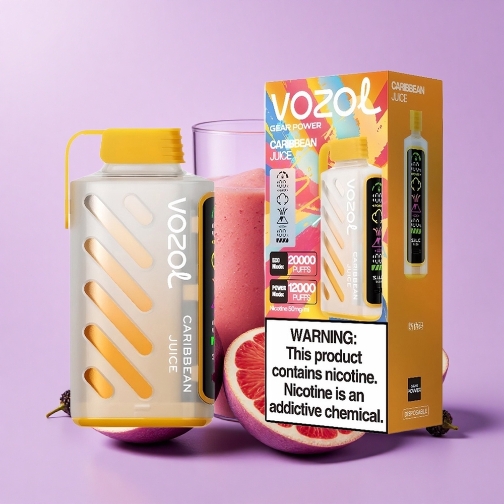 VOZOL Gear Power 20000 Puff Perisa Jus Caribbean Teknologi S.i.L.C. Mod ECO 20000 Puff Mod POWER 12000 Puff Gegelung Dual Mesh Paparan Skrin Penuh 20mL 5%(50mg)