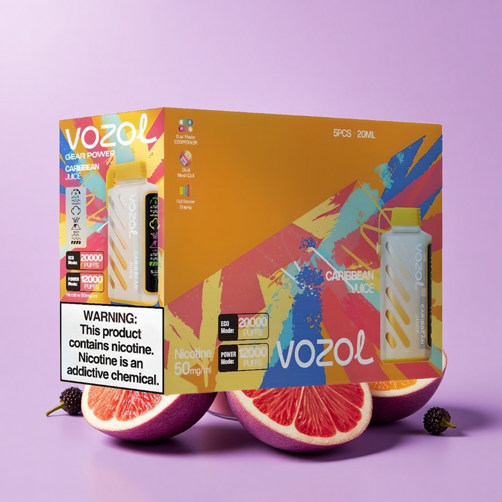 VOZOL Gear Power 20000 Puff Perisa Jus Caribbean Teknologi S.i.L.C. Mod ECO 20000 Puff Mod POWER 12000 Puff Gegelung Dual Mesh Paparan Skrin Penuh 20mL 5%(50mg)