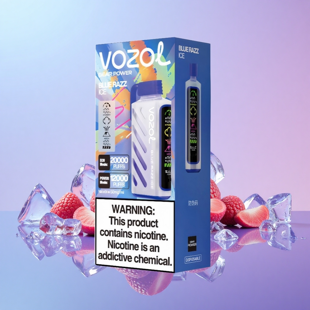 VOZOL Gear Power 20000 Tarikan Vape Boleh Pakai Blue Razz Ais S.i.L.C. Tech Dual Mesh Coil Skrin Penuh 20mL 50mg