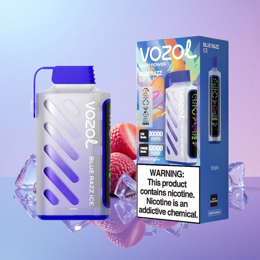 VOZOL Gear Power 20000 Tarikan Vape Boleh Pakai Blue Razz Ais S.i.L.C. Tech Dual Mesh Coil Skrin Penuh 20mL 50mg