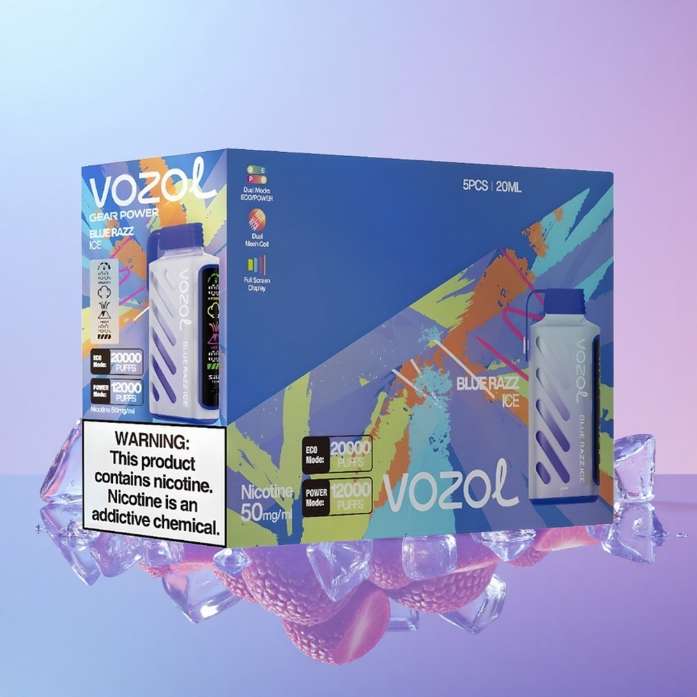 VOZOL Gear Power 20000 Tarikan Vape Boleh Pakai Blue Razz Ais S.i.L.C. Tech Dual Mesh Coil Skrin Penuh 20mL 50mg