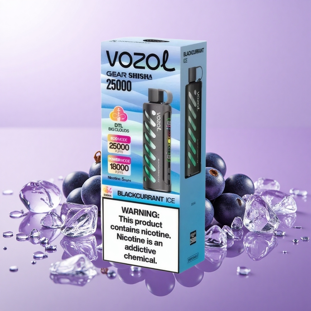 VOZOL Gear Shisha 25000 Hisap Ais Kismis Hitam dengan 30 Rasa Lazat, Teknologi S.i.L.C, Dual Mesh Dual Modes, Bateri 1000mAh, Nikotin 5mg/ml