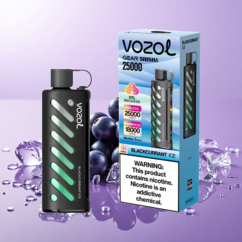 VOZOL Gear Shisha 25000 Hisap Ais Kismis Hitam dengan 30 Rasa Lazat, Teknologi S.i.L.C, Dual Mesh Dual Modes, Bateri 1000mAh, Nikotin 5mg/ml