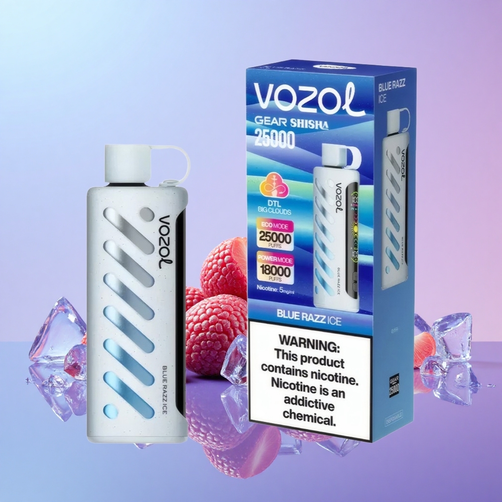 VOZOL Gear Shisha 25000 Hisap Blue Razz Ais 30 Rasa Lazat S.i.L.C Tech Dwi Mesh Dwi Mod 1000mAh 5mg/ml