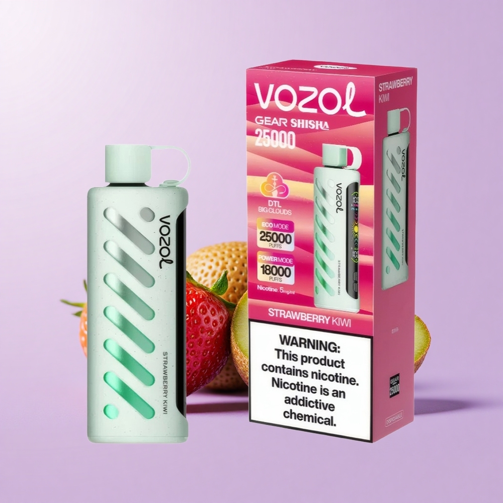 VOZOL Gear Shisha 25000 Hisap Strawberry Kiwi 30 Rasa Sedap S.i.L.C Tech Dual Mesh 1000mAh 5mg/ml