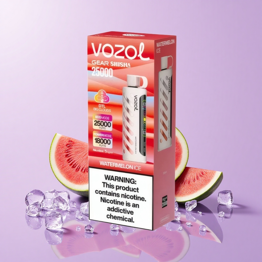 VOZOL Gear Shisha 25000 Tarikan Perisa Tembikai Ais 30 Rasa Teknologi S.i.L.C Dual Mesh Mod Dual Kapasiti Bateri 1000mAh Nikotin 5mg/ml